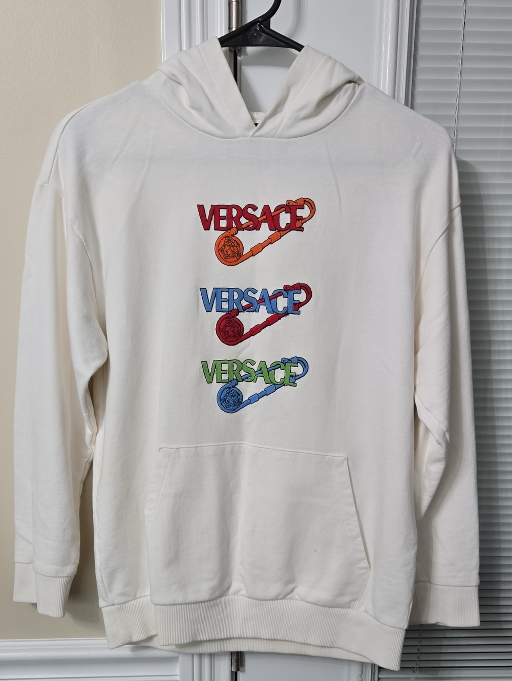 Versace White Crewneck Hoodie with Red, Blue and Green Logo